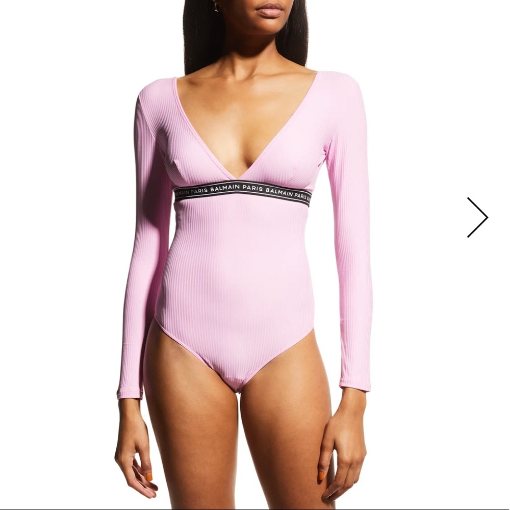 BALMAIN**Pink Long Sleeve Ribbed MicroFiber Bodysuit**US 6 $405